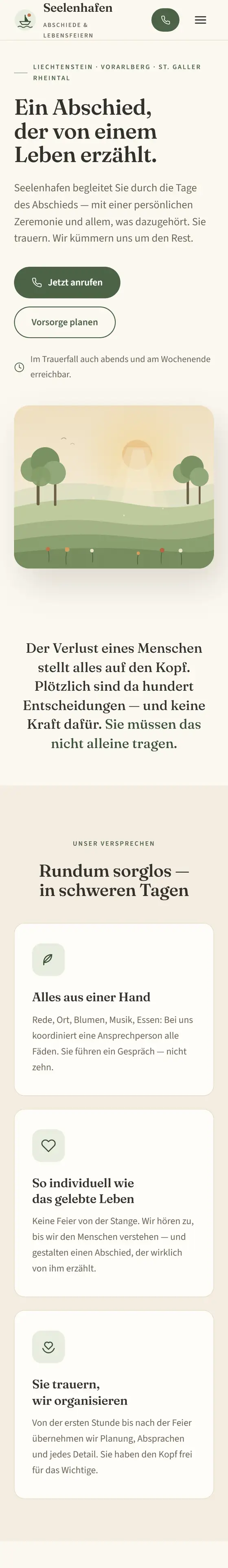Seelenhafen: warm gestaltete Seite eines Bestattungsdienstes mit Telefonnummer im Kopfbereich.